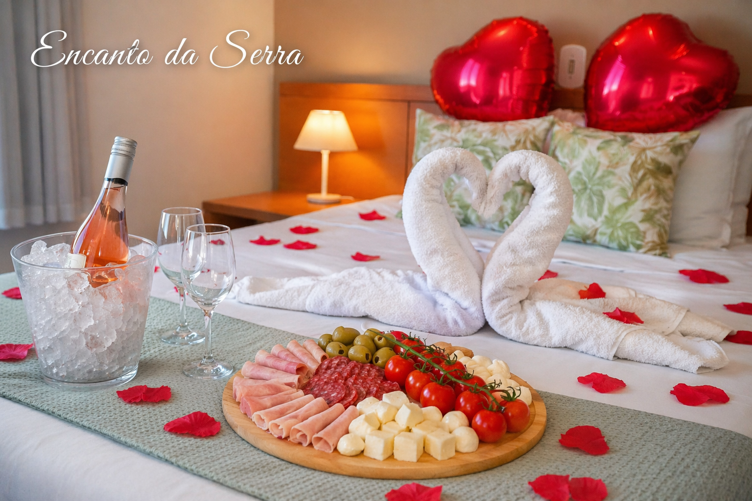 Decoração Encanto da Serra em hotel em Campos do Jordão com tábua de frios artesanal, pétalas de rosas, balões de coração e vinho da Serra da Mantiqueira