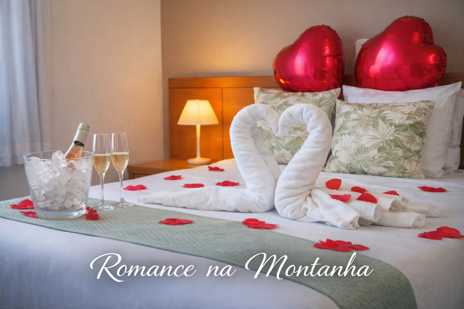 Decoração Romance na Montanha em quarto de pousada em Campos do Jordão, com pétalas de rosas, balões em formato de coração, toalhas em cisne e espumante